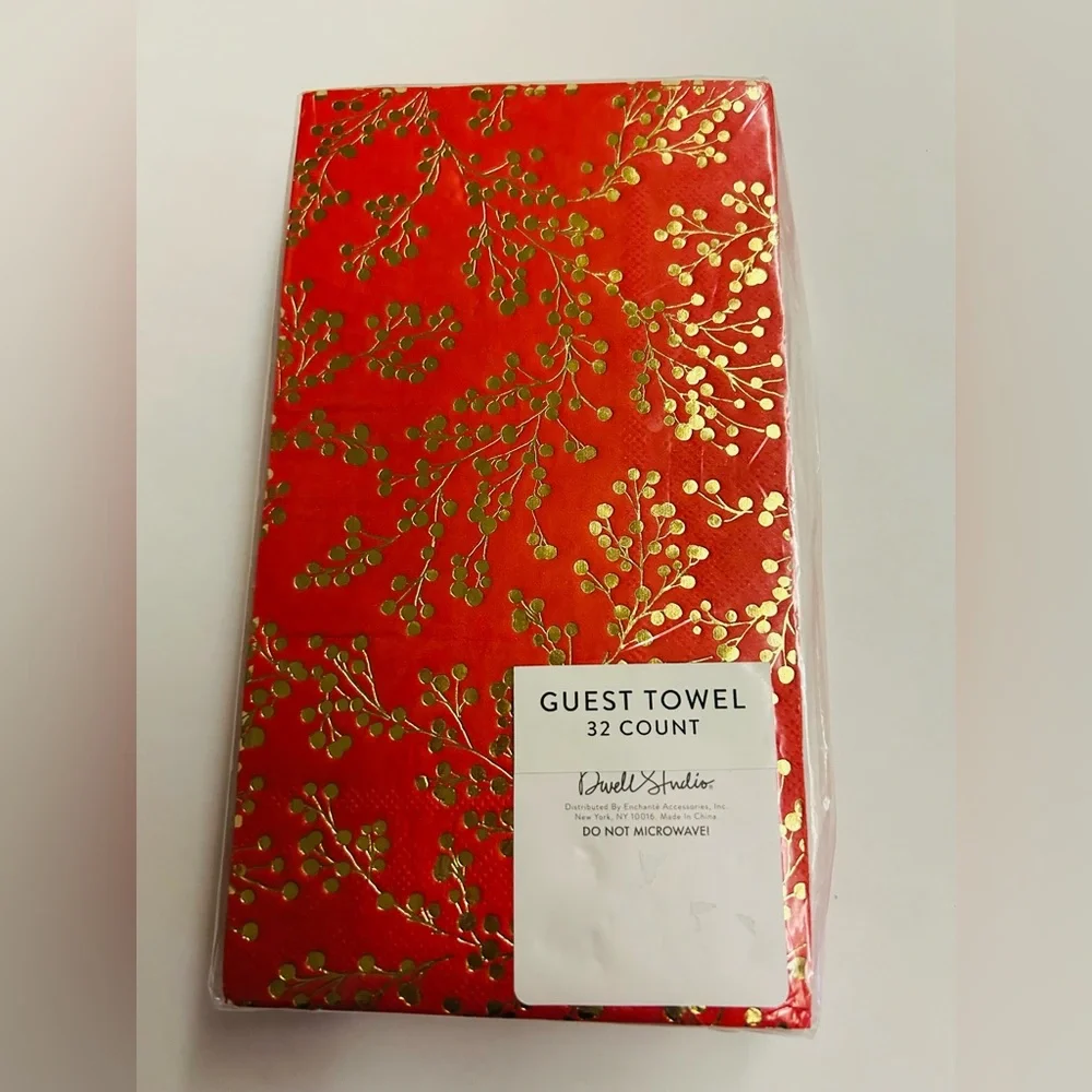 New 32 Guest Towels Red and Gold Foil Flowers Dwell Studios